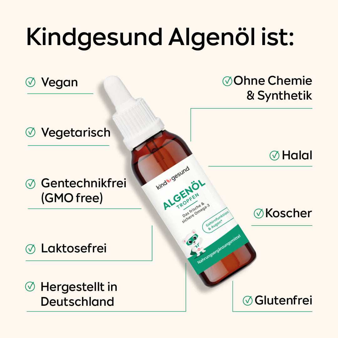 Algenöl für Kinder, Abbildung der Flasche mit Pipette und die Produkteigenschaften