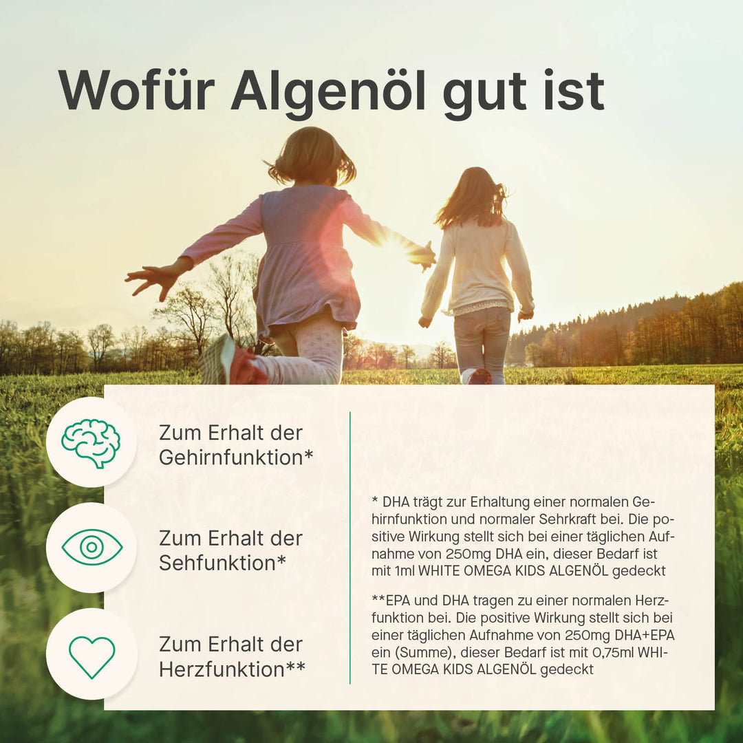 Algenöl für Kinder, Healthclaims des Produkts, Moodbild mit Kindern die über ein Feld rennen