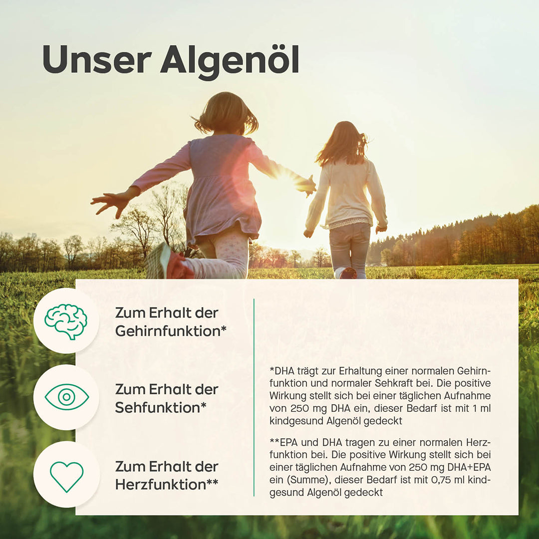 Algenöl für Kinder, Healthclaims des Produkts, Moodbild mit Kindern die über ein Feld rennen