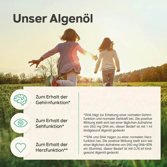 Algenöl für Kinder, Healthclaims des Produkts, Moodbild mit Kindern die über ein Feld rennen