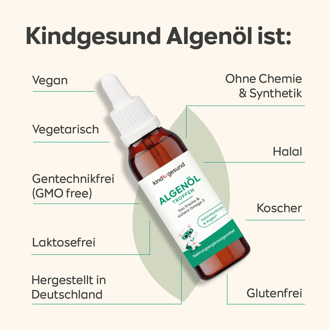 Algenöl für Kinder, Abbildung der Flasche mit Pipette und die Produkteigenschaften