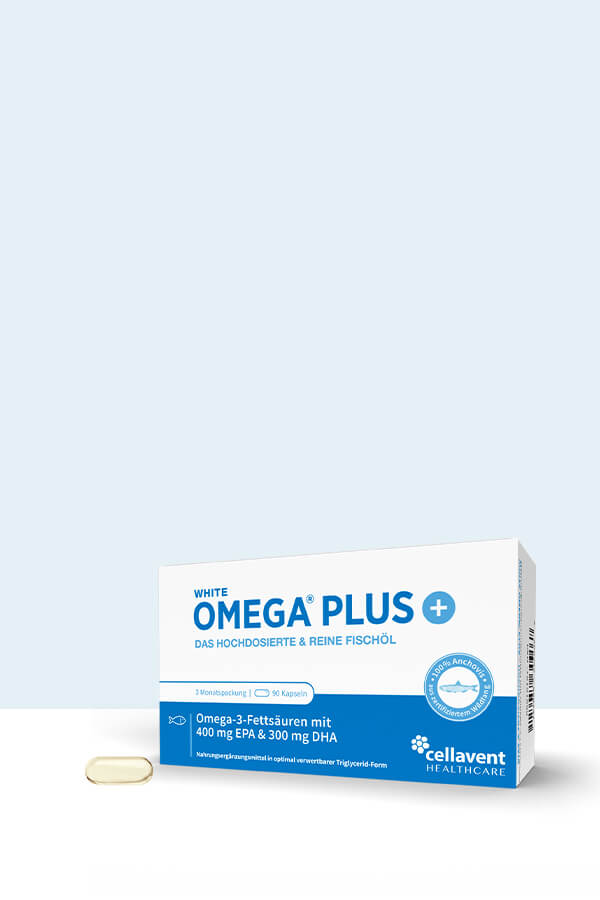 Auf dem Bild ist der switch der White Omega Original Verpackung zu der Wghite Omega Plus Verpackung mit 90 Fischölkapseln Inhalt zu sehen.