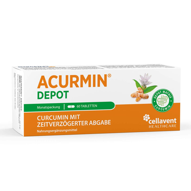 Vorderseite der Verpackung von Acurmin DEPOT. Kurkuma Tabletten mit zeitverzögerter Abgabe im Darm.