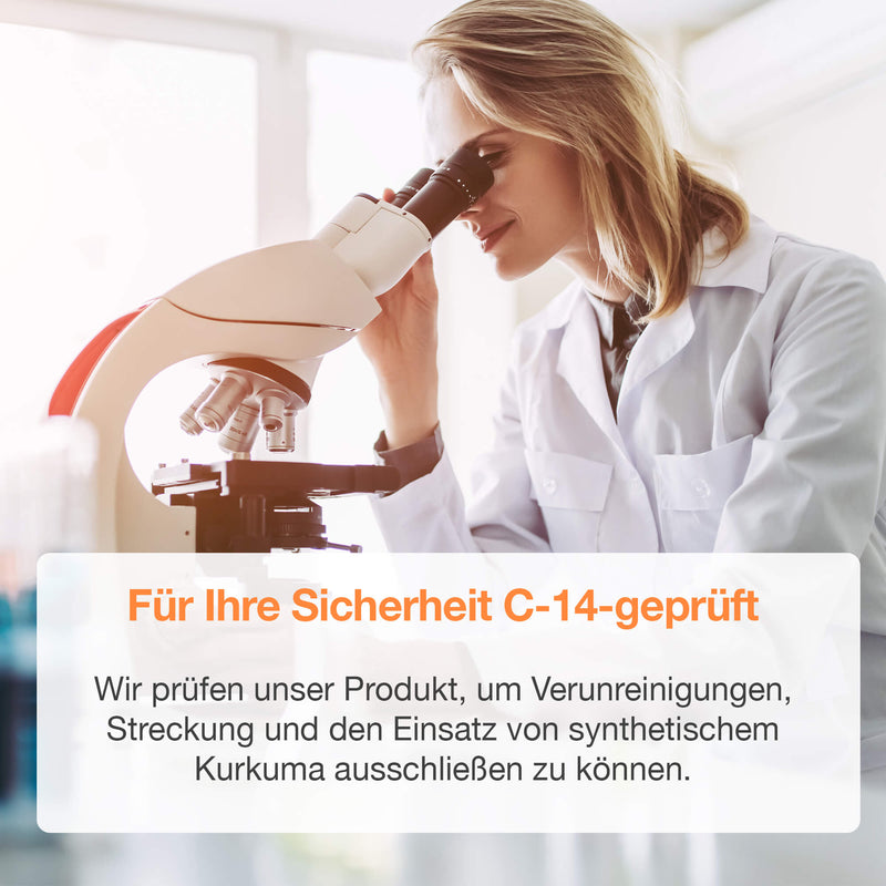 Eine Frau im weißen Kittel schaut durch ein Mikroskop. Unter dem Bild steht Text. Dieses Bild zeigt, dass Acurmin ferment unter pharmazeutischen Bedingungen hergestellt wurde und die Darmflora unterstützt.