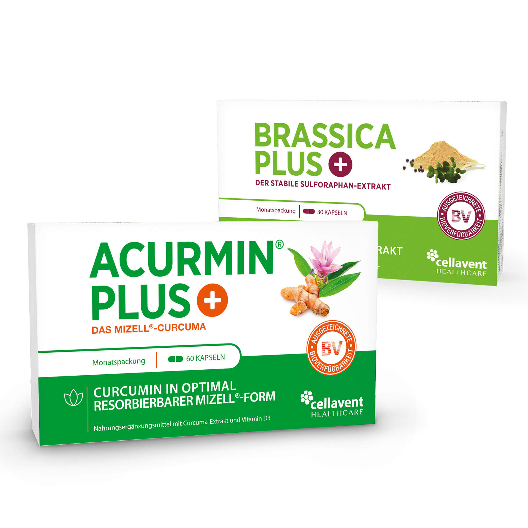 Acurmin Verpackung im Vordergrund und Brassica PLUS Verpackung im Hintergrund