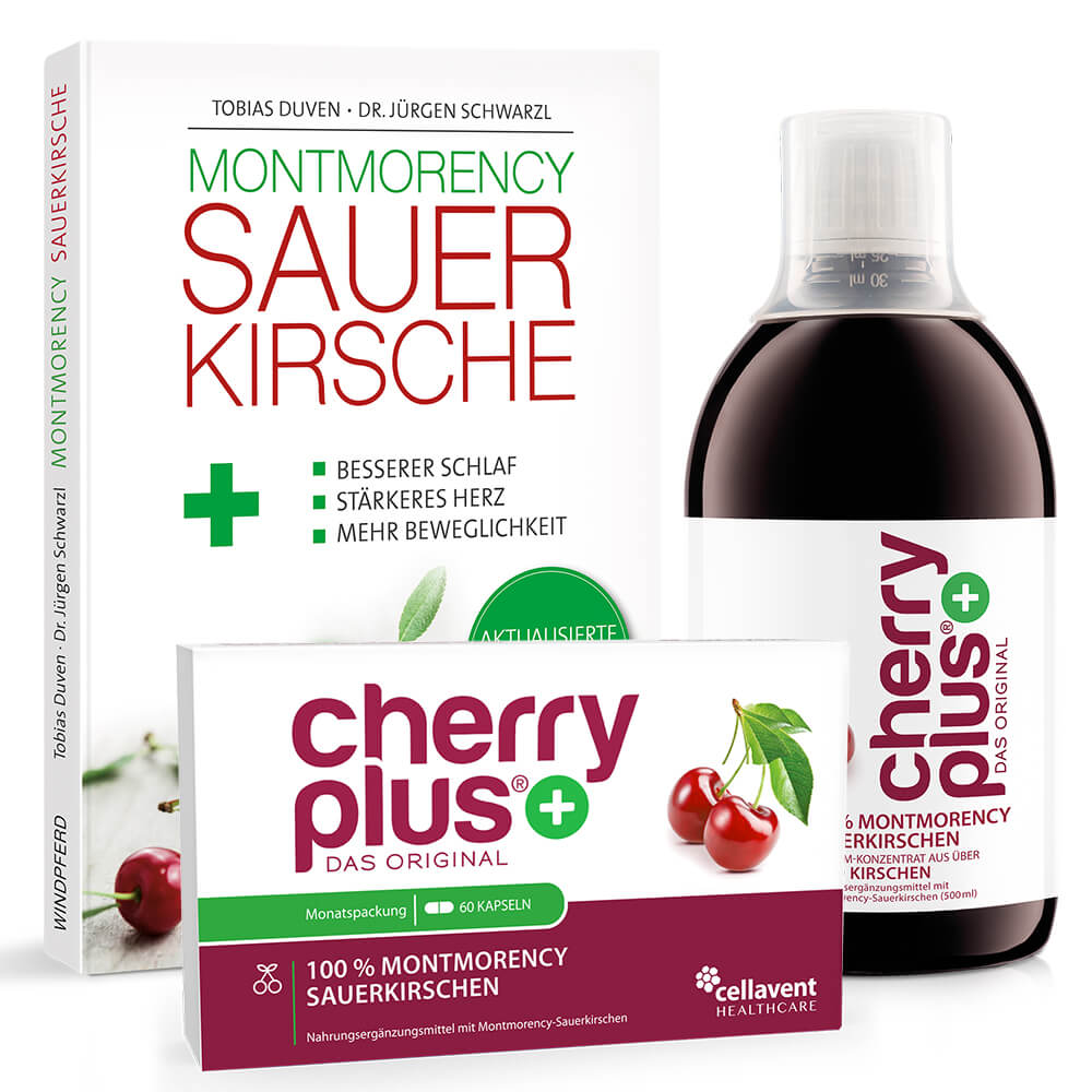 Zusammenstellung des Buchs zu Montmorency-Sauerkirschen, Cherry PLUS Konzentrat und -Kapseln.