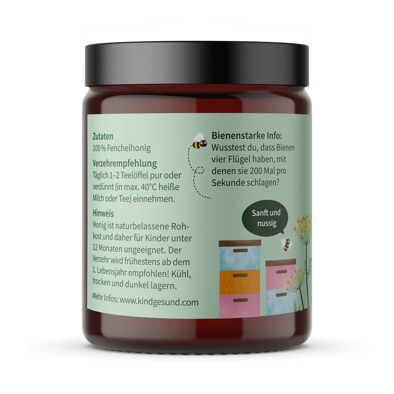 kindgesund Fenchel Honig - 100 % reiner aromatischer Fenchelhonig 250 g - Rückansicht