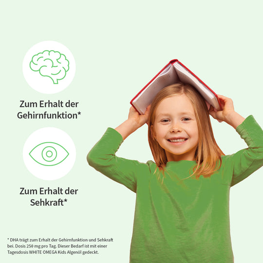 Infografik zu White Omega Kids Algenöl wo ein Mädchen mit Buch abgebildet ist