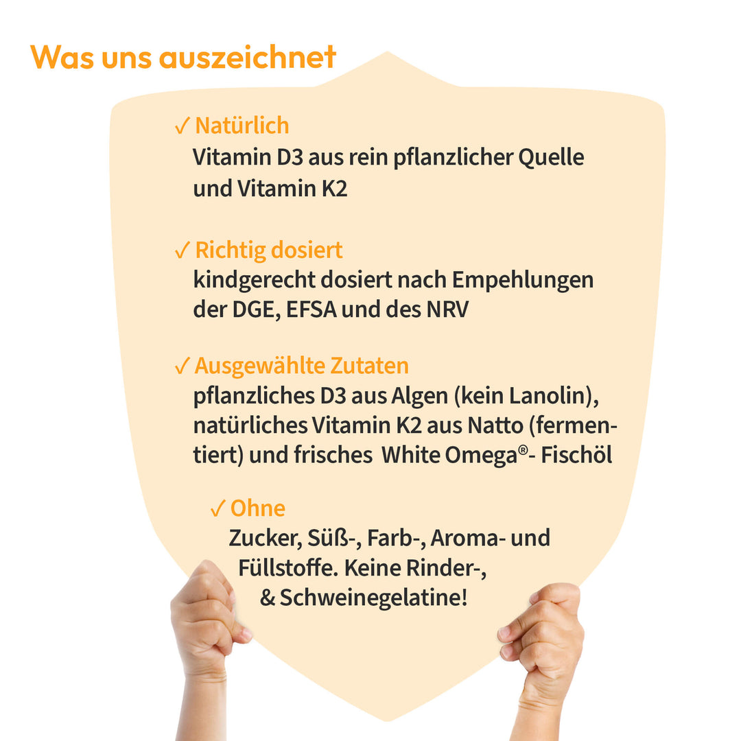 Vitamin D3K2 als Schutzschild abgebildet mit dem was das Produkt auszeichnet