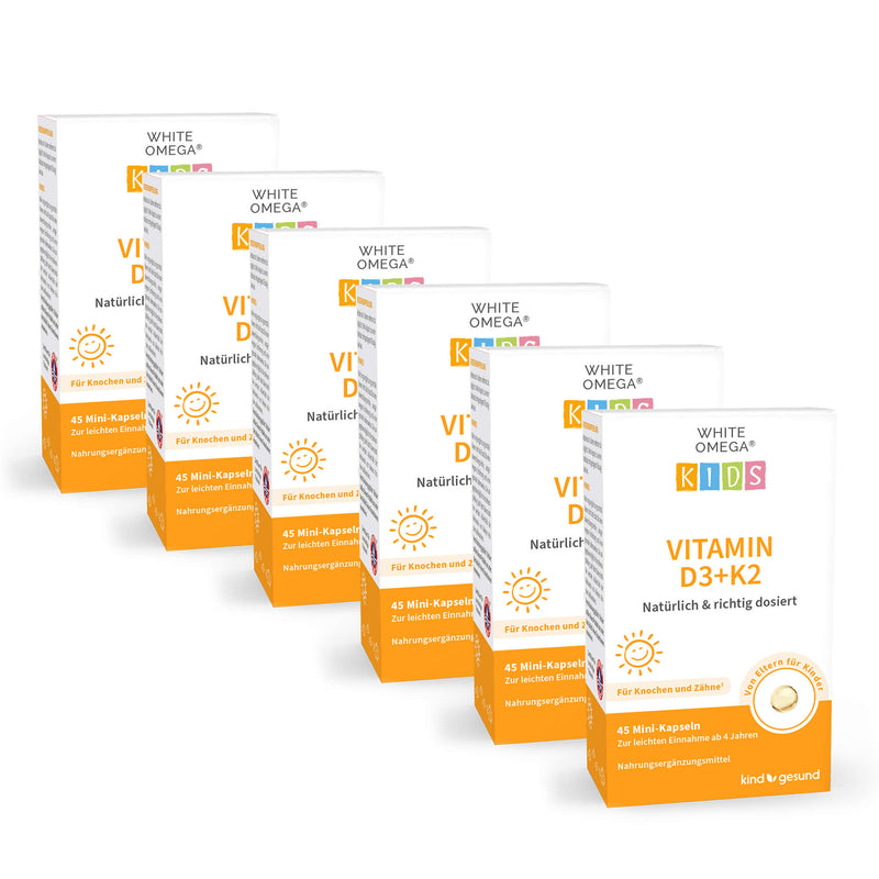 White Omega Kids Vitamin D3K2 6er Verpackung