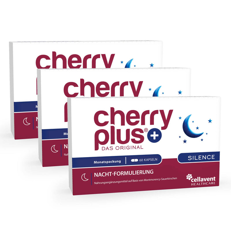 Drei hintereinander stehende Cherry PLUS Silence Verpackungen mit insgesamt 180 Montmorency Sauerkirsch-Kapseln.
