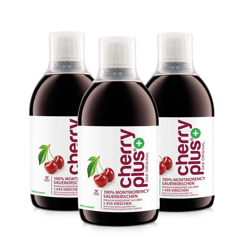 Drei Cherry PLUS Konzentrat Flaschen mit insgesamt 1500 ml Montmorency Sauerkirsch-Konzentrat.