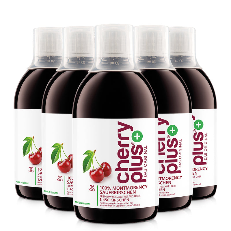Sechs Cherry PLUS Konzentrat Flaschen mit insgesamt 3000 ml Montmorency Sauerkirsch-Konzentrat.