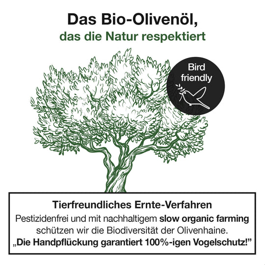 Unser Olivenöl ist Bird friendly - Handgepflückte Rohstoffe garantieren das.