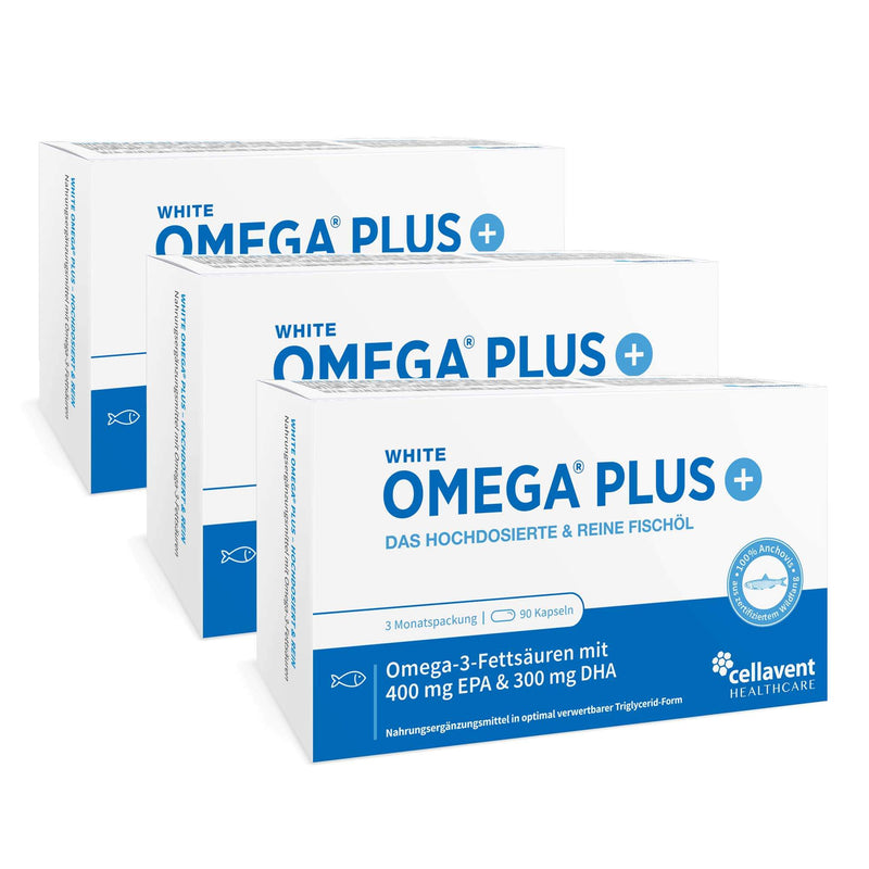 Drei hintereinander stehende White Omega Plus Verpackungen mit insgesamt 270 richtig dosierten Omega-3-Kapseln Inhalt.