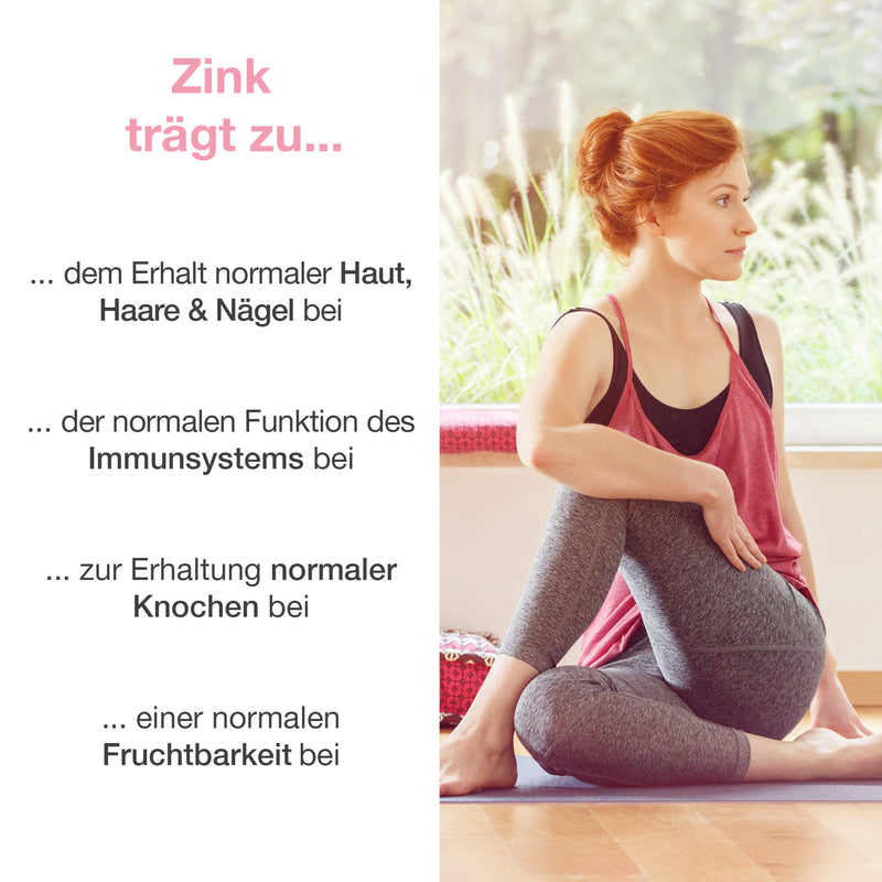 Rechts eine Frau in Yoga-Position, während links die Gesundheitsversprechen von zink beschrieben sind