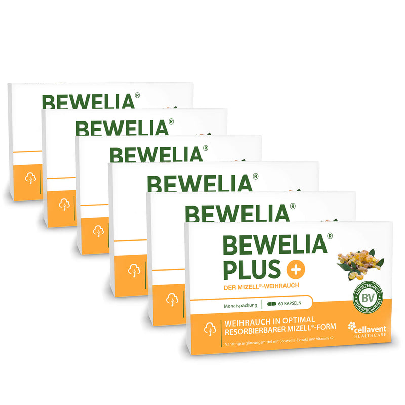 Sechs hintereinander stehende Bewelia PLUS Verpackungen mit insgesamt 360 hochkonzentrierten Bewelia PLUS Kapseln Inhalt.