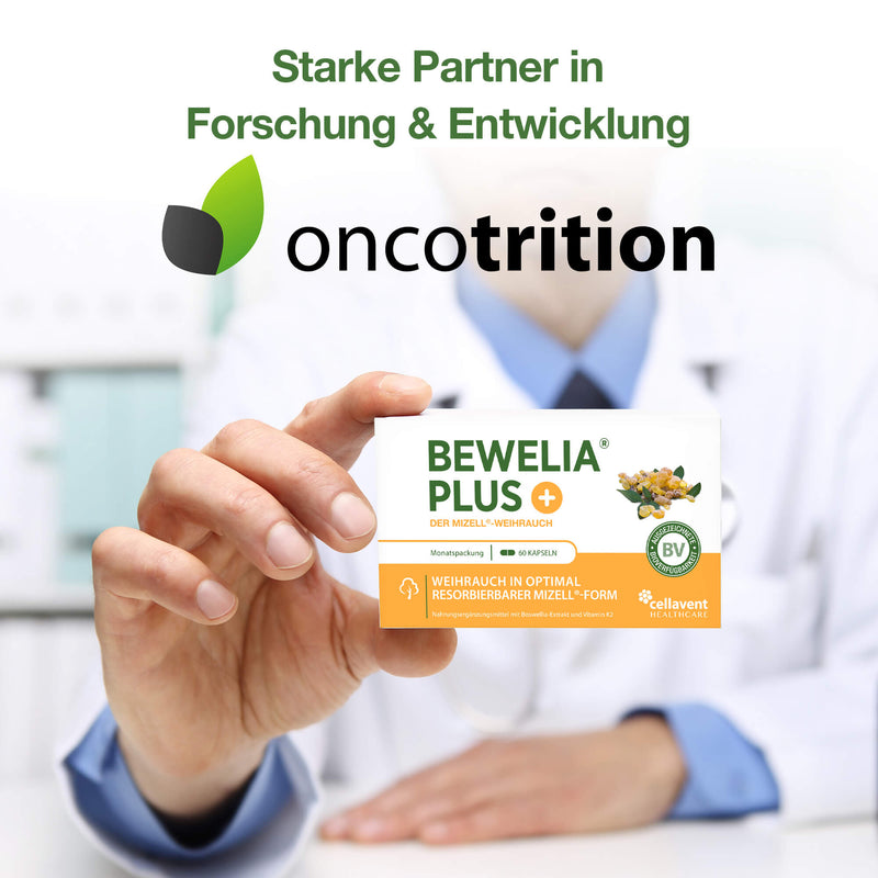 Das Logo von Oncotrition ist mittig zu sehen, während im Hintergrund ein Apotheker Bewelia PLUS in der Hand hält.